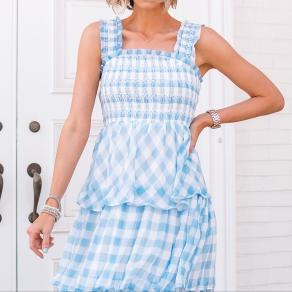English Factory Gingham Plaid Cottagecore Whimsical Tiered Dress - Picture 4 of 9